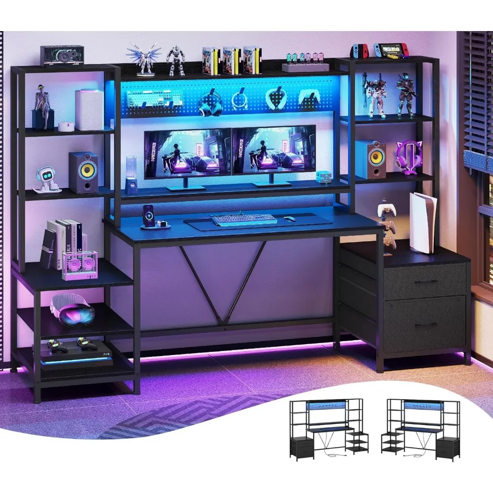 

Computer Desk with Power Outlets, 81.9in Home Office Desk with Monitor Stand, Gaming Desk with LED Light, 11 Storage Shelves 2 D