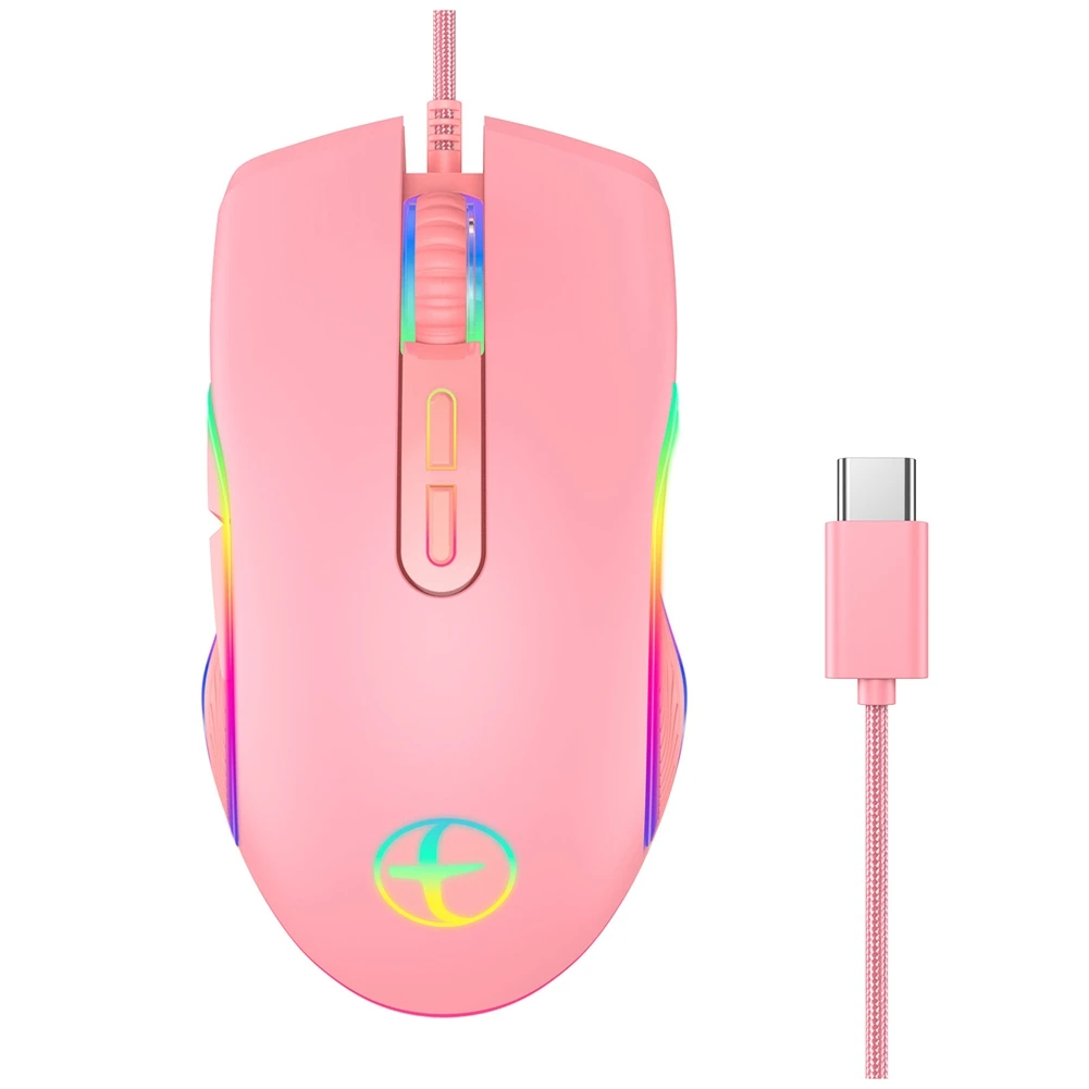 3200 DPI USB C Gaming Mouse Computer Wried Optical Mice for PC Gamer RGB 4 Backlight Breathing LED, Pink Type-C Model