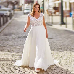 Summer Chiffon Wedding Dresss Plus Size Customized V Neck Cap Sleeve Applique Sweep Train Backless Bridal Gown Robe De Mariage