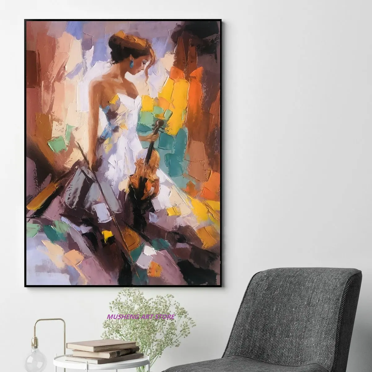 

Abstract Handmade Violin Music Girl Oil Painting on Canvas Figure Wall Art Woman Dressing in White for Living Room Decoration