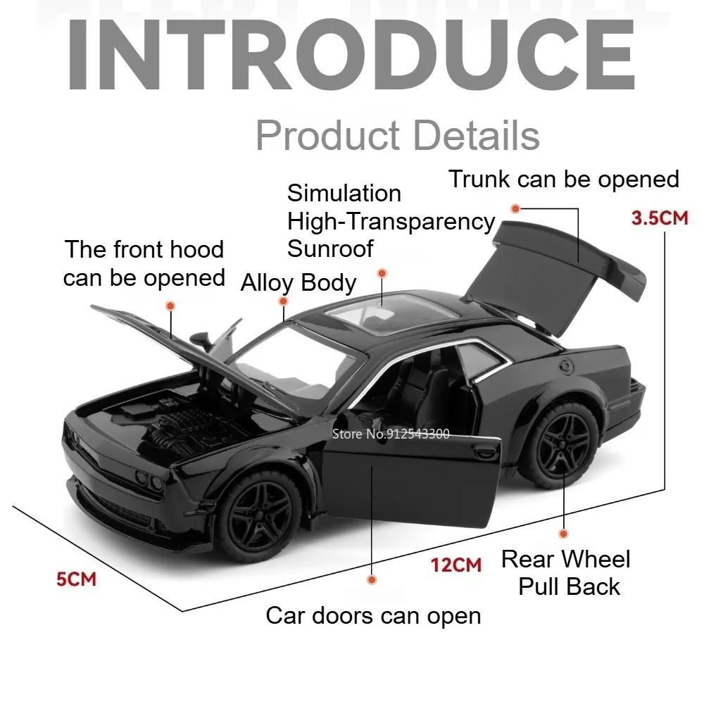 1:36 Scale Hellcat Car Model Toy Doors Opened Pull Back Miniature Models Alloy Diecast Rubber Tires Vehicle Vocation Rewards