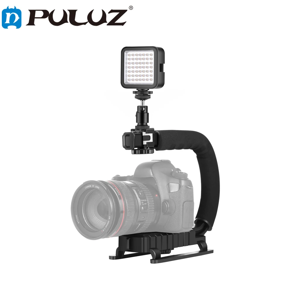 PULUZ Camera C-shaped Video Handle Bracket Stabilizer + LED Fill Light Kit with Cold Shoe Tripod Head Adjustable Photography