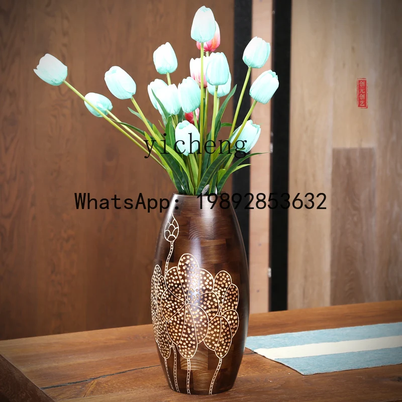 solid wood floor-to-ceiling vase ornament, living room flower arrangement, dried flower desktop antique home decoration