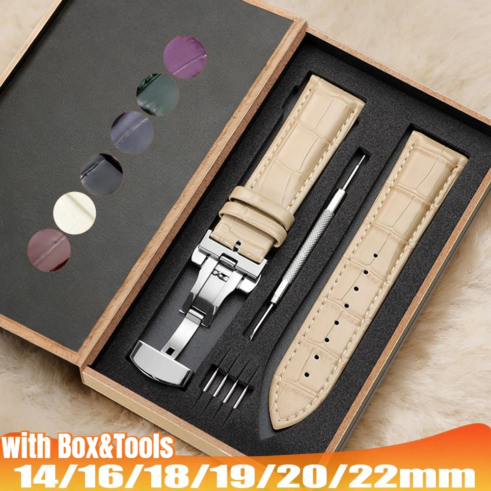 Leder-Uhrenarmband für Tudor und Seiko Uhren, Business-Stil, 14mm-22mm, für Herrenhandgelenke, mit Holzbox und Metall-Schmetterlingsverschluss