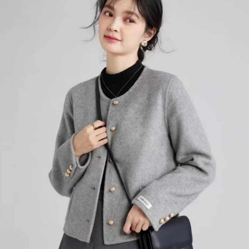 Kurze Tweed jacke Frauen Mode einfache Pendler Luxus doppelseitige Tweed jacke Rund kragen Einreiher Tops Mäntel Frauen