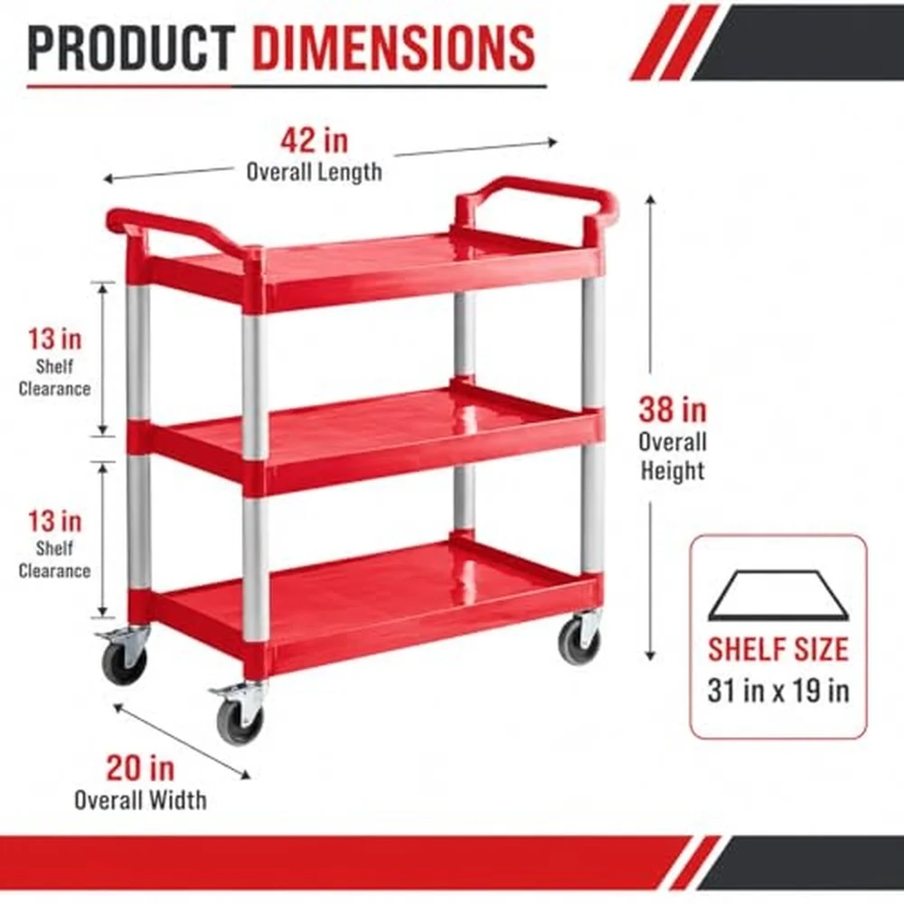 Red L42'' x W20'' x H38'' 3 Shelf Utility Bus Cart Heavy Duty Plastic Bussing Cart with Swivel Casters Commercial