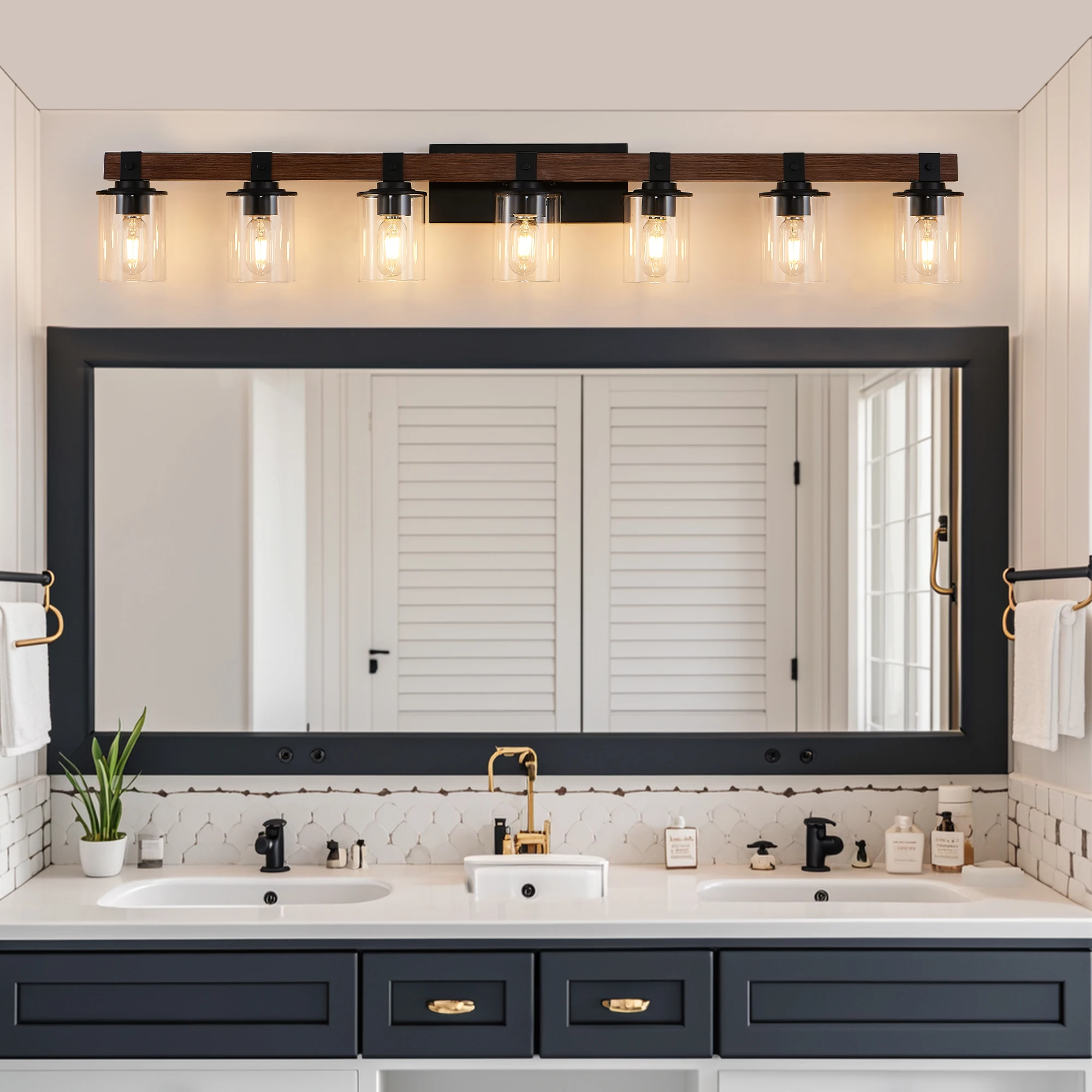 

50" Rustic 7-Light Vanity Light,Industrial Bathroom Wall Sconce with Glass Shades and Wood Accent, Farmhouse Lighting (No Bulb)