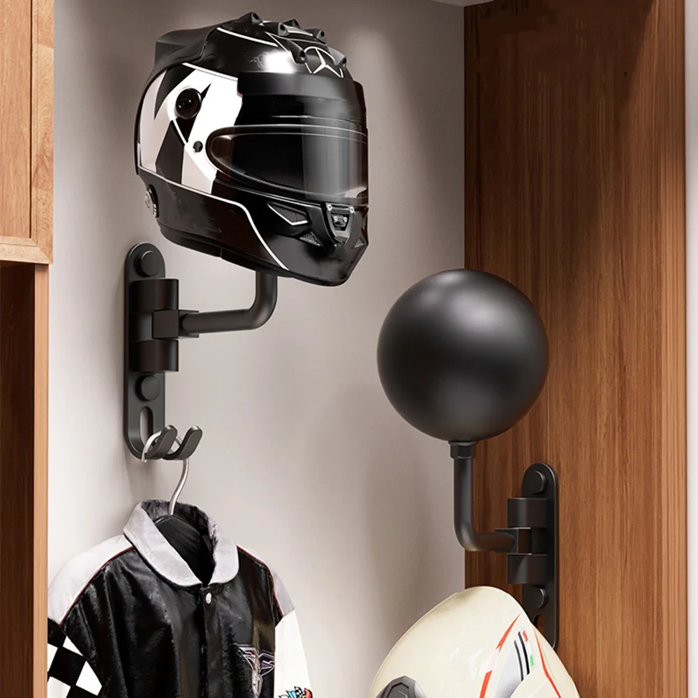 Motorcycle Helmet Wall Mount Holder - 180 Degree Rotating Rack with Hooks for Bike, Baseball, Cycling, Ski Helmets Storage