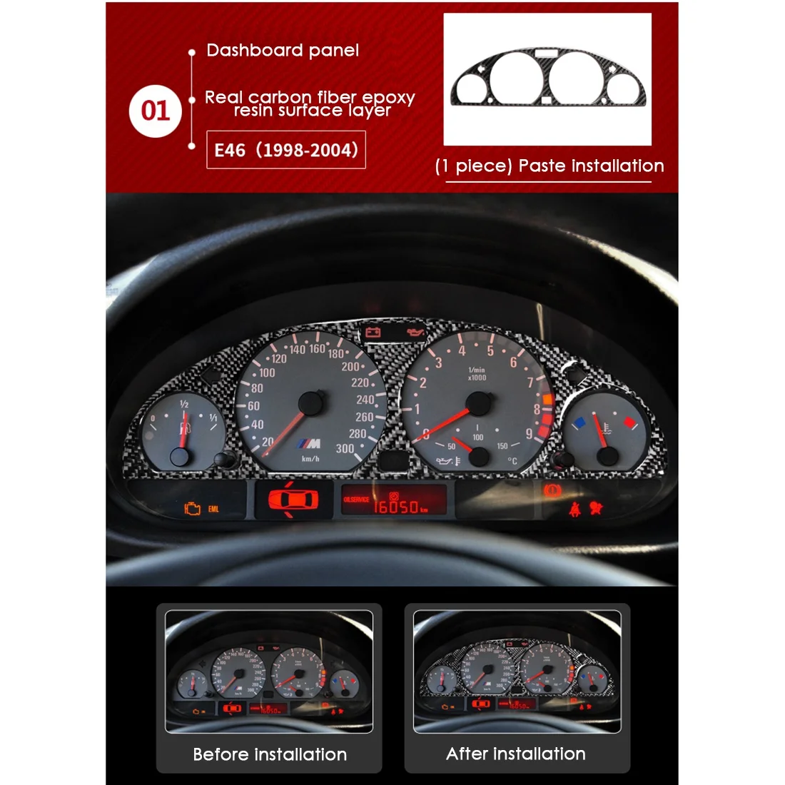 탄소 섬유 내부 계기판 장식 프레임, 대시보드 커버 스티커, BMW 3 E46 M3 1998-2005