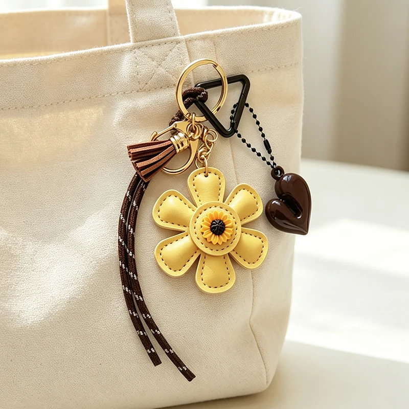 PU Leather Sunflower Bag Heart Pendant Charm Keychain Braided Cord, Retro Accessory for Women Bags & Keys