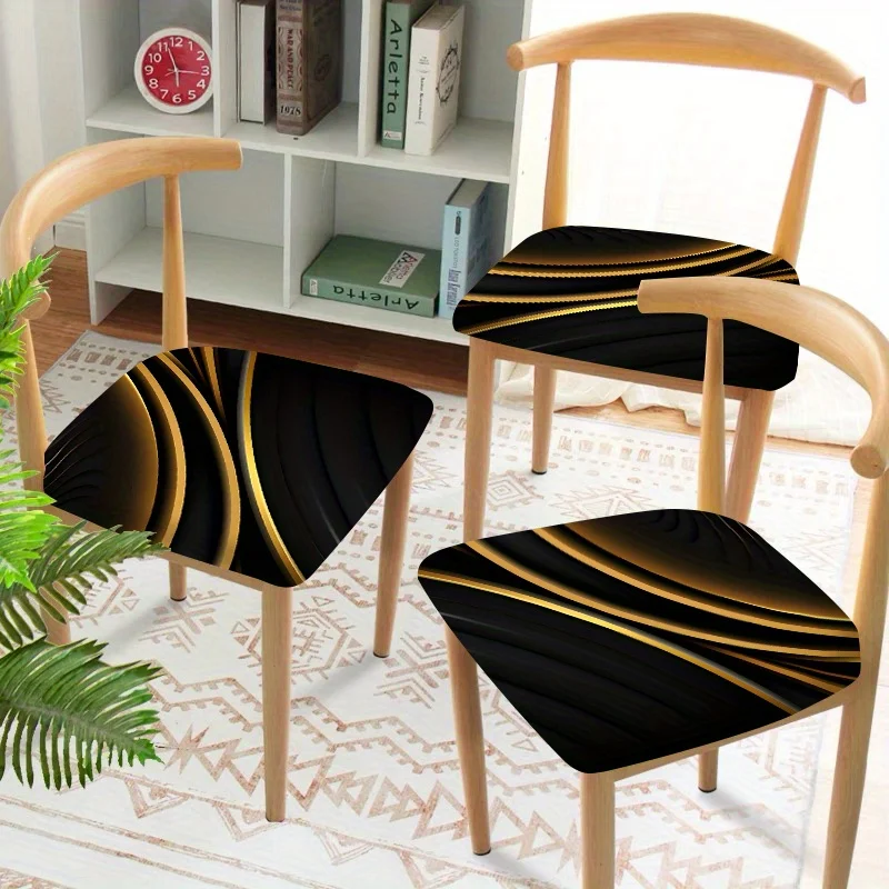 2/4/6pcs Chair Seat Slipcover, Black Gold Wave Print Elastic Chair Cover for Dining Room