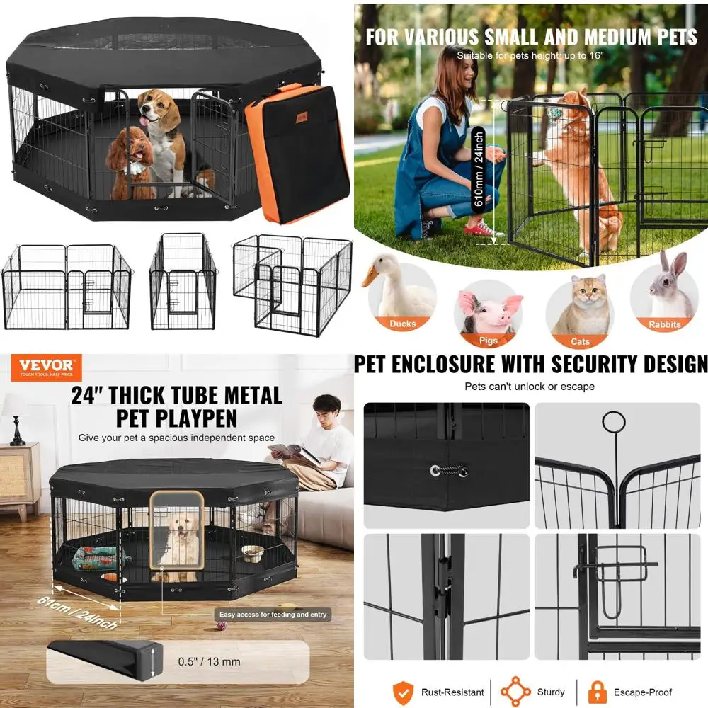 

Складная 8-панельная металлическая ручка для упражнений для домашних животных, ограждение для собак 24x24 с дверью, сумкой для хранения, верхней крышкой и нижней накладкой для наружного использования в помещении.