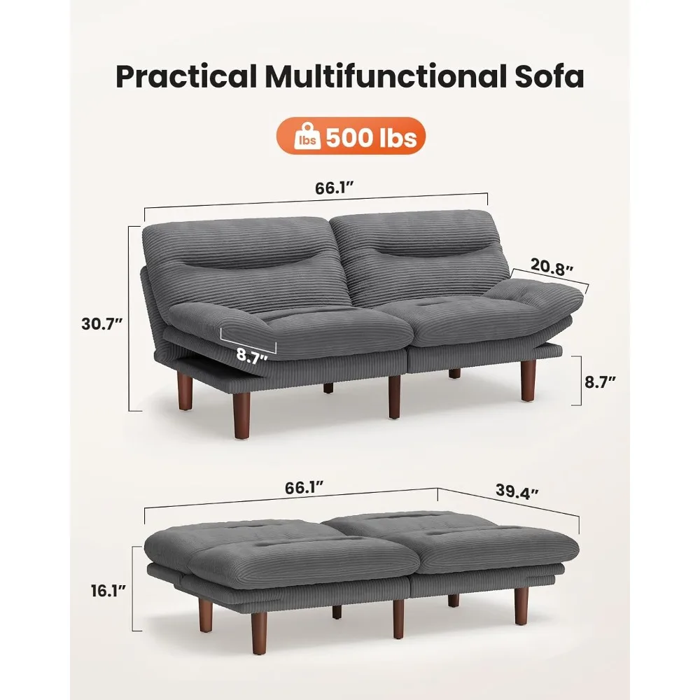 Convertible Corduroy Futon Sofa Bed 66 Inch Gray