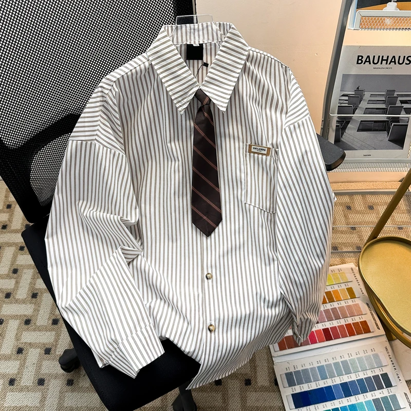 Loose Men's Long Sleeve Striped Shirt Casual Green Inner Jacket Neutral College Style JK Tie Spring Fashion Male Outerwear
