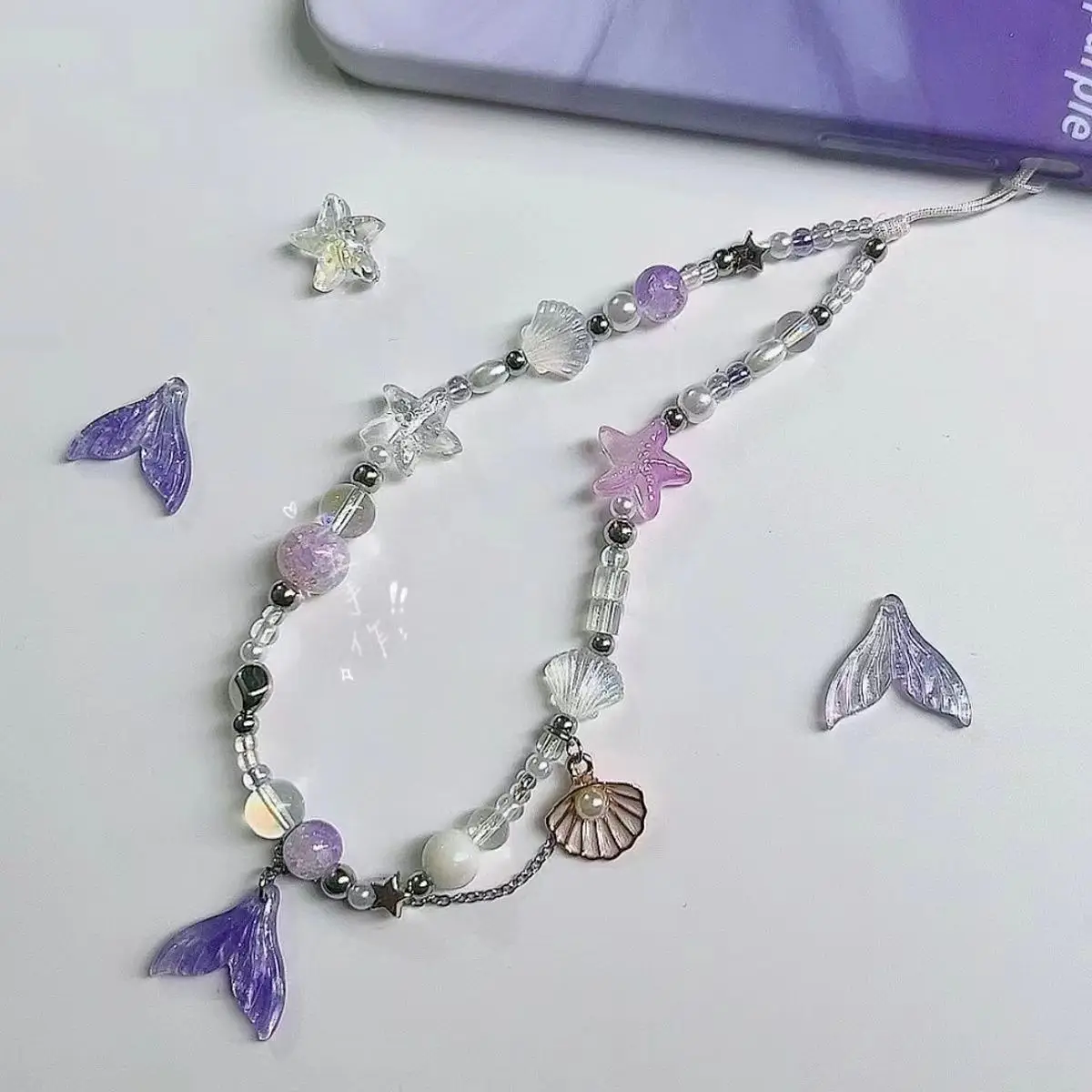 인어 꼬리 조개껍질 휴대폰 체인, 랜야드 참 스트랩, 손목 비드 코드, 팔찌 키 체인, 소녀 나일론 로프, 카메라 쥬얼리 걸기