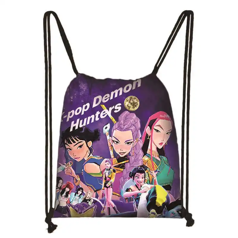 

KPop Demon Hunters Drawstring Backpack Cartoon Printed Portable Drawstring Bag Lightweight Backpack Fashion Travel Storage Bags