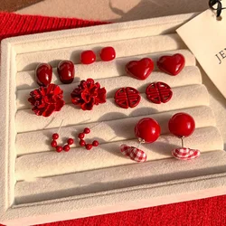 Good Luck Red Stud Earrings For Women Simple Flower Love Heart Geometric Earring New Year Christmas Festival Jewelry Gifts
