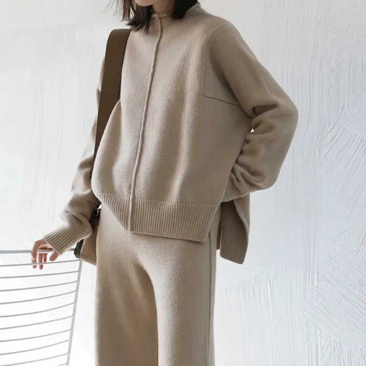 Autumn Winter Fashion Knitted Set Elegant Turtleneck Pullover + Pants Outfits Women Casual Long Sleeve Homewear Solid Loose Suit