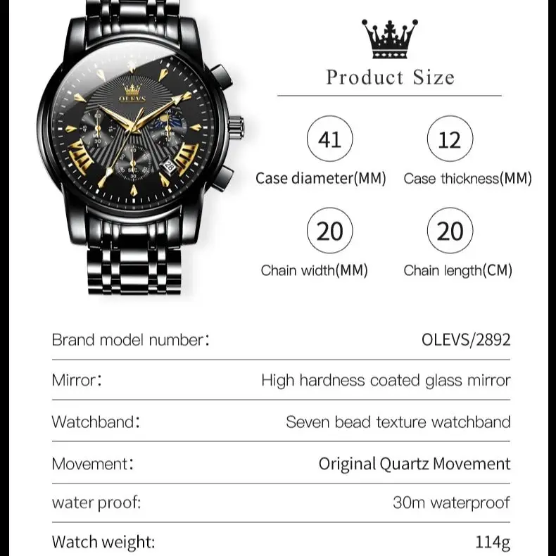 OLEVS 2892 TOP Brand Men\'s Watches Stainless Steel Waterproof Moon Phase Chronograph Quartz Watch for Men