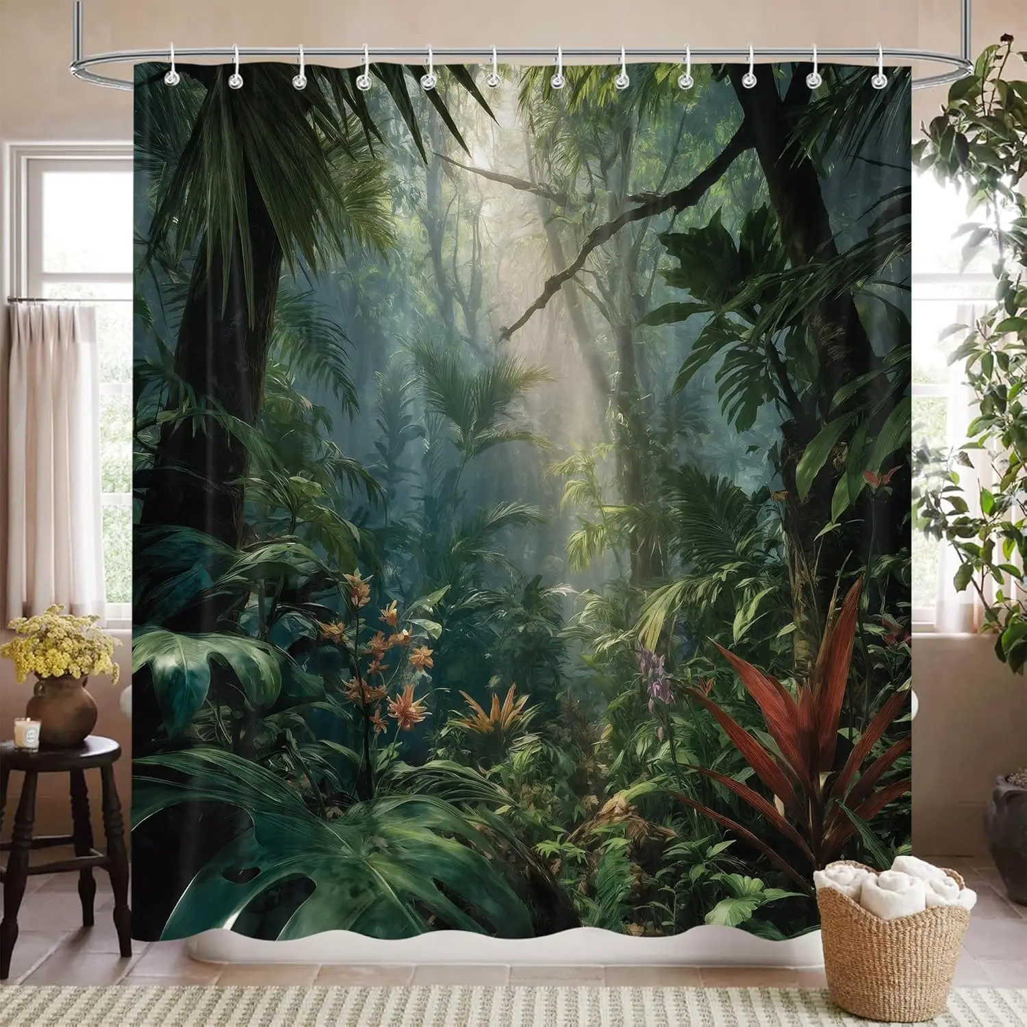 

Занавеска для душа iTapnoom Green Forest, водонепроницаемая, из полиэстера, 72 x 72 дюйма, с крючками, декор для ванной комнаты в стиле тропического леса