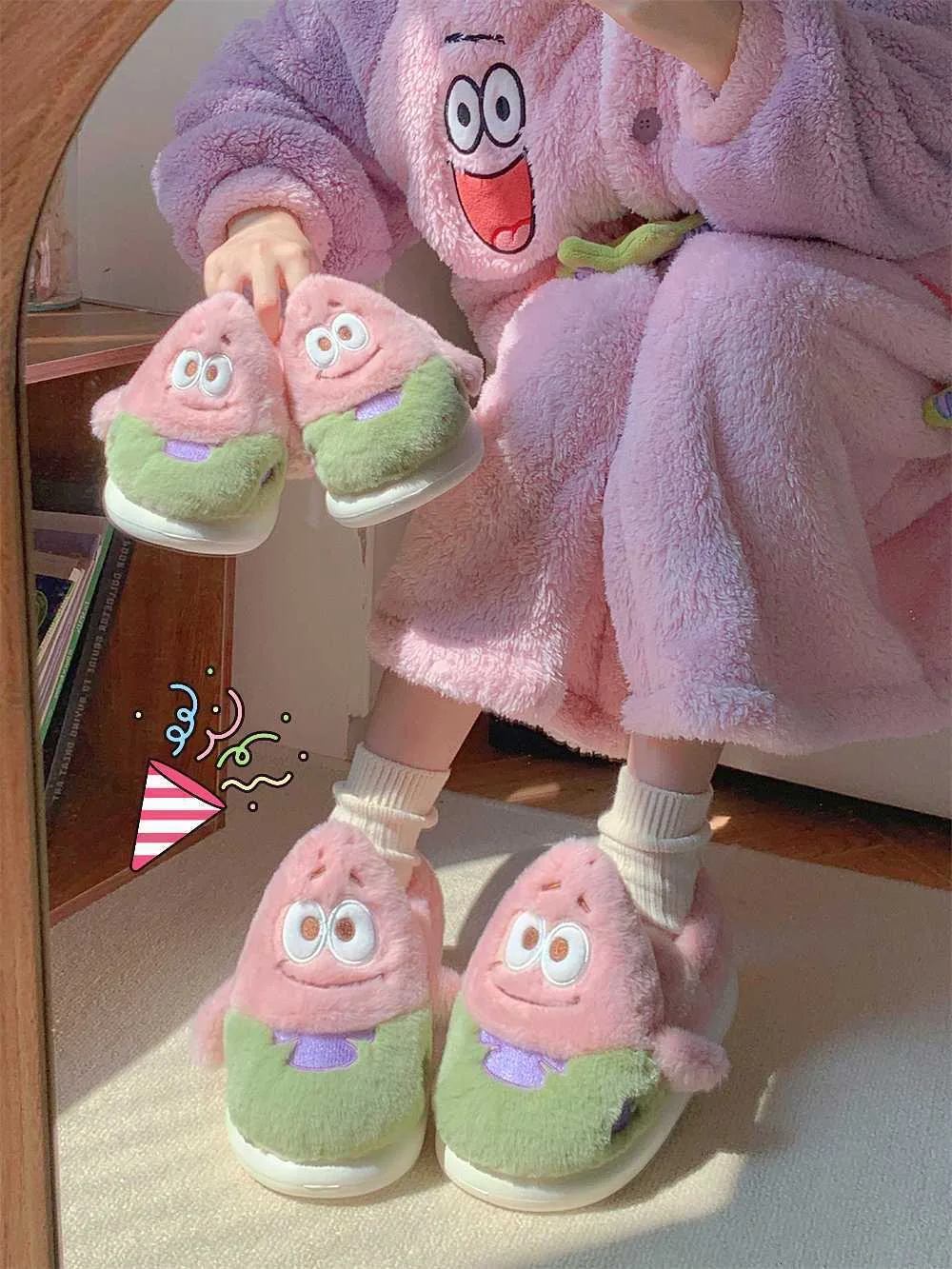 Men's and women's winter fun cartoon Patrick Star cute plush cotton slippers indoor soft soled warm children's cotton shoes