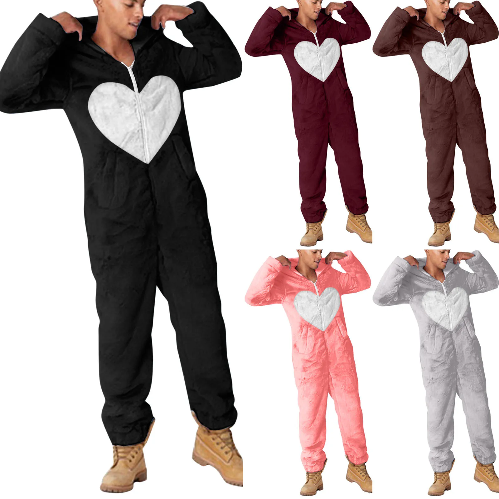 

Autumn Winter Casual Flannel Onesies Hoodie Jumpsuit Pajama Men Teddy Fluffy Sleep Lounge Hoodie Zipper Sleepwear Love Pattern