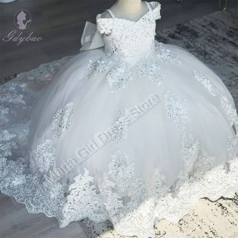 Customized Spaghetti Strap Lace Applique Flower Girl Dress With Bow For Wedding Birthday Party Banquet Holy Communion Gown