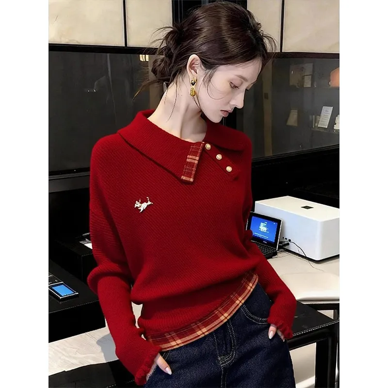 

Red Knitted Sweater with Button up Collar Long Sve Vintage Sle Women's Inner Wear Spring Autumn Season Regular Fit Top
