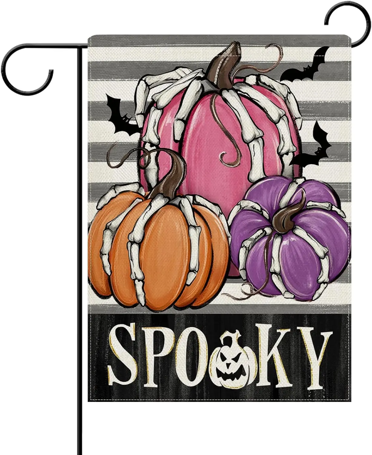 Dyrenson Halloween Spooky Pumpkin Decorative Garden Flag, Jack O Lantern Skeleton Bat Grey Stripes Yard Outside Home Decorations