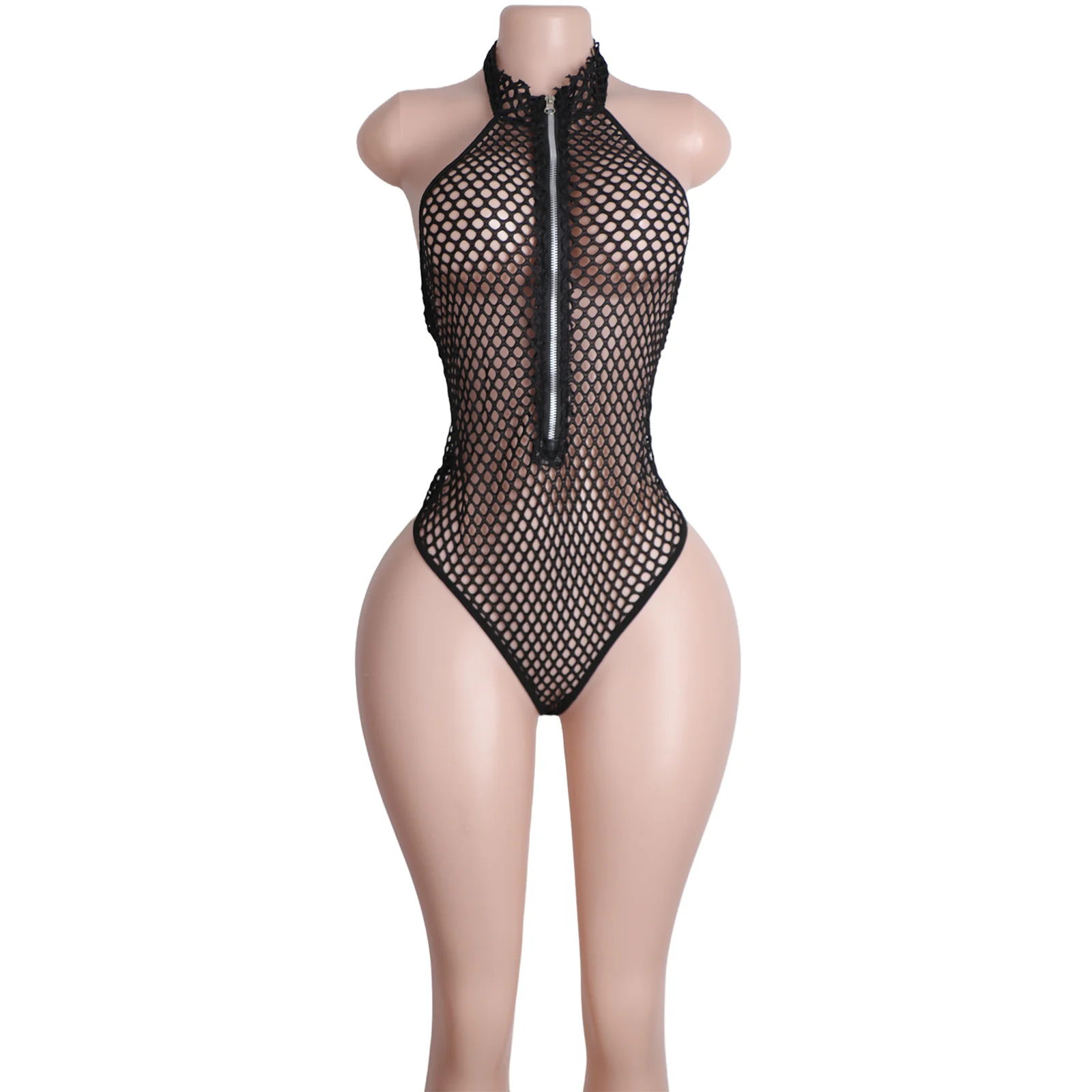 

Women's Fishnet Zipper Thong Bodysuit Sexy Patent Leather Clubwear Lingerie Exotic Dance Performance Sleek Outfit