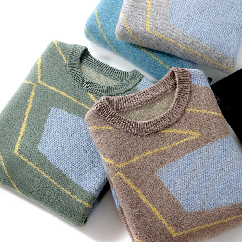 

Осень и зима, новая мужская рубашка из 100% шерсти с круглым вырезом, одинаковые по цвету вязаная нижняя рубашка, деловой повседневный свободный кашемировый свитер