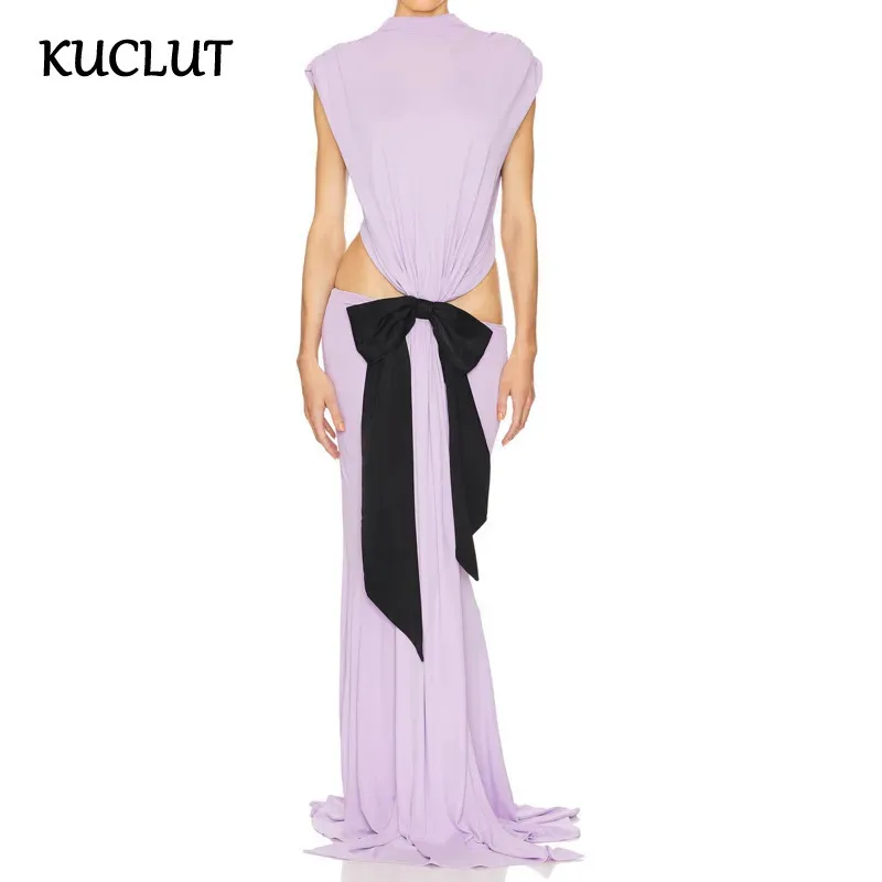 

KUCLUT Fashion Bow Design Evening Party Dresses For Women Elegant Back Hollow Out Sleeveless Floor-length Dress Female WJB101