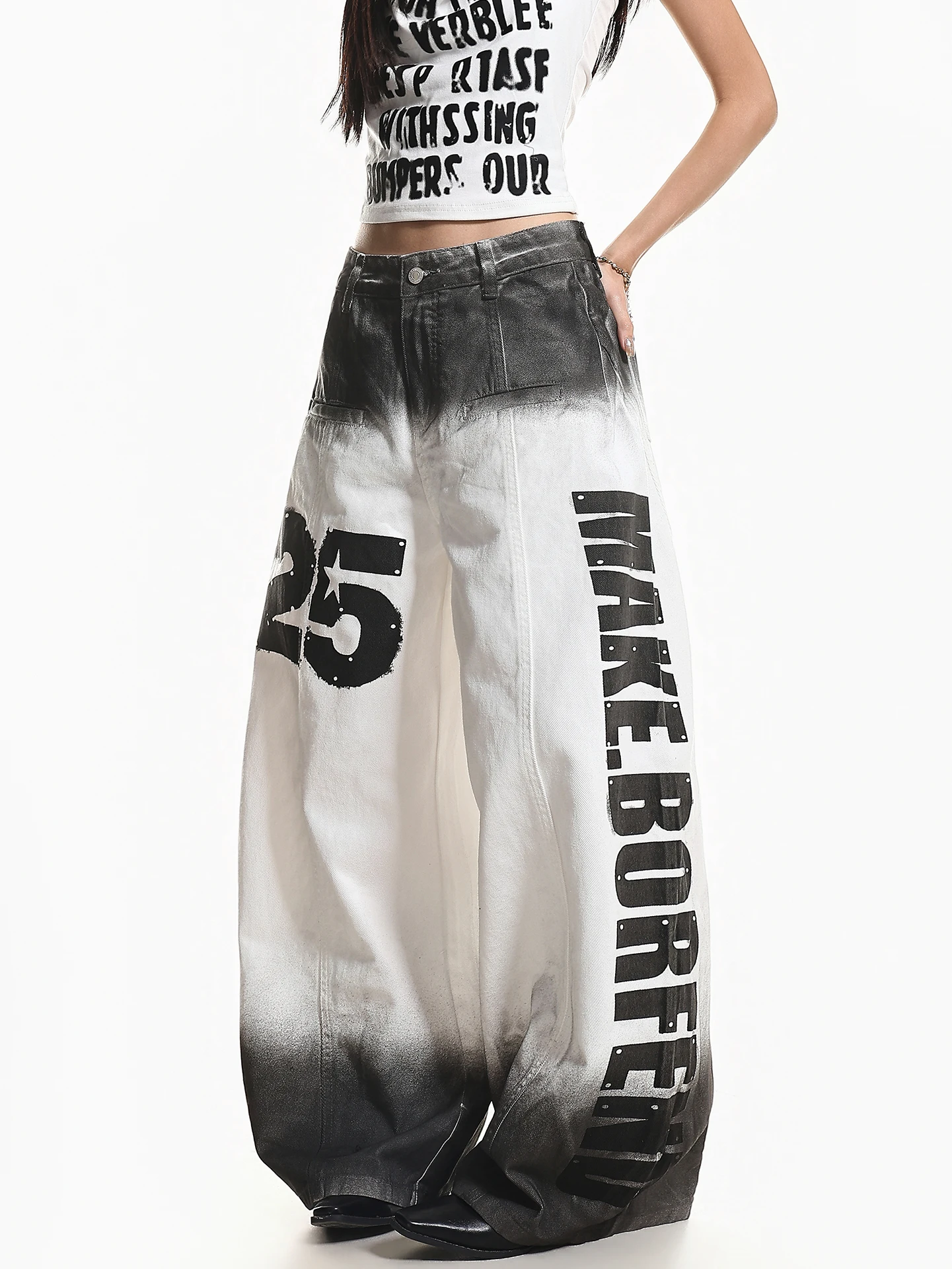 

XPKAEAX American High Street Vintage Washed Cool Street Printed Deconstructed Color Block Loose Wide Leg Jeans Women