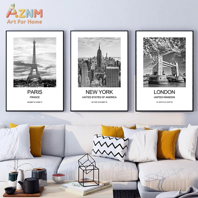 AZNM Black White City Travel Canvas Print Paris London New York Amsterdam Brussels Landmark Coordinates Minimalist Urban Wall De