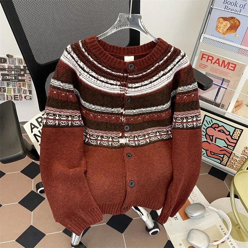 

American Retro Fair Isle Knitted Sweater Men's Lazy Vintage Loose Versatile Embroidered Knitwear Casual Winter Long Sve ro...