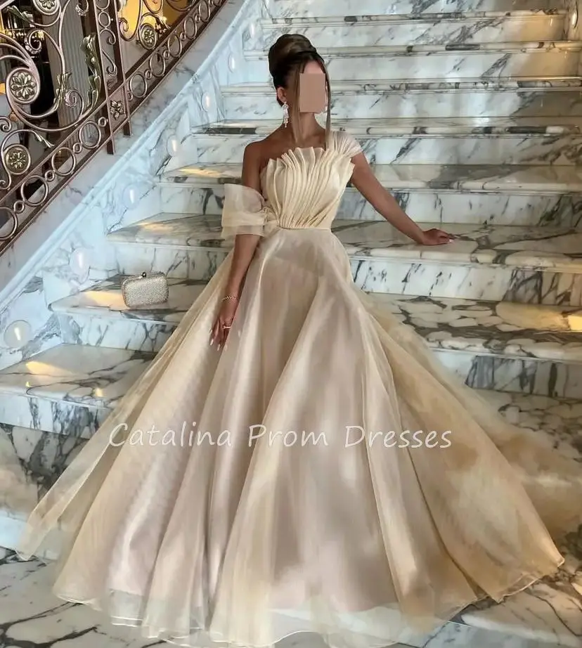 A-Line Strapless Wedding Party Dress One Shoulder Ruffle Floor Length Prom Dresses gala Saudi Arabia Women\'s Formal Custom Made