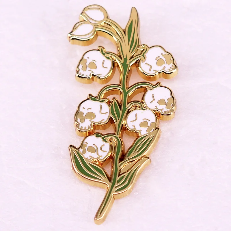 White Skull Head Lily of The Valley Enamel Pin Brooches Flower Gift Jewelry