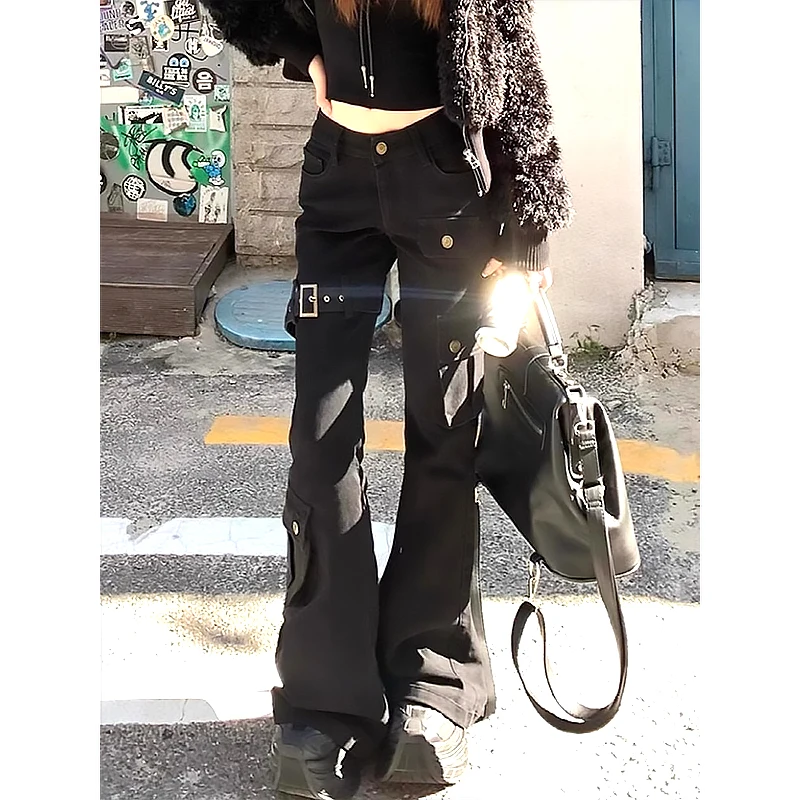 

Джинсы-клеш с высокой талией в американском стиле ретро, женские черные облегающие джинсовые брюки с карманами, осень 2024, повседневные джинсовые брюки-карго