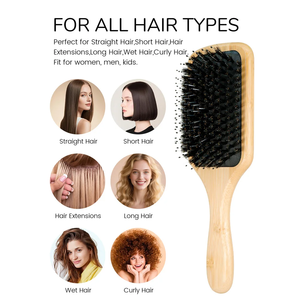 2-in-1-Haarbürste und Rattenschwanzkamm-Set aus 100 % natürlichem Holz – professionelle Borstenbürste zum Entwirren, Kopfhautmassage und Haarpflege – Detail 4