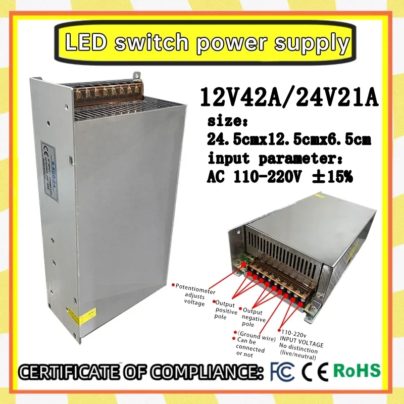 500W 220V AC to 12V 24V DC Switching Power Supply 42A 21A Adapter, LED Transformer Switching Power Box