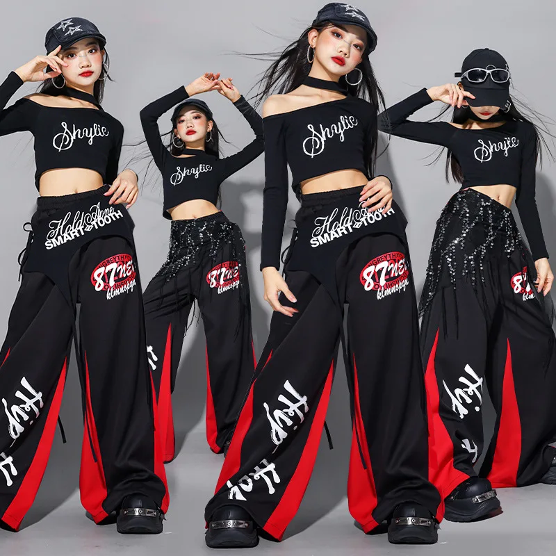 Kid Hip Hop Off Shoulder Crop Top Contrast Loose Pants Girls K-pop Jazz Dance Clothes Set Children Girl Group Streetwear Costume