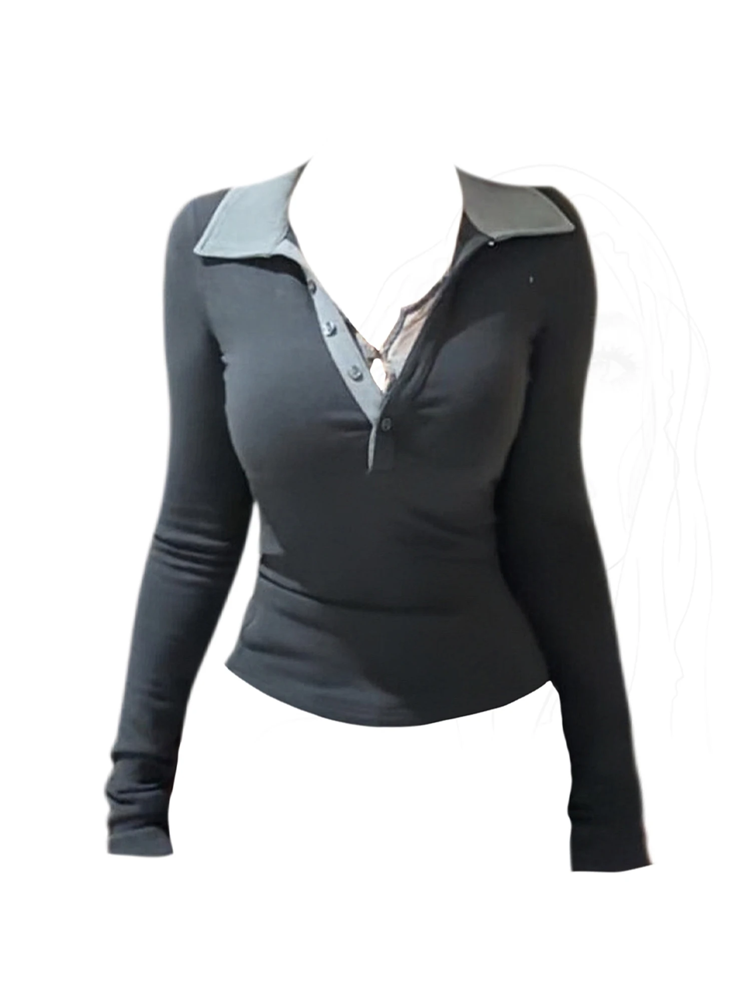 

Женская темно-серая футболка Y2k 2000-х годов, винтажная кружевная футболка в стиле Харадзюку Gyaru с v-образным вырезом в стиле пэчворк, топ с длинными рукавами, футболки большого размера, одежда