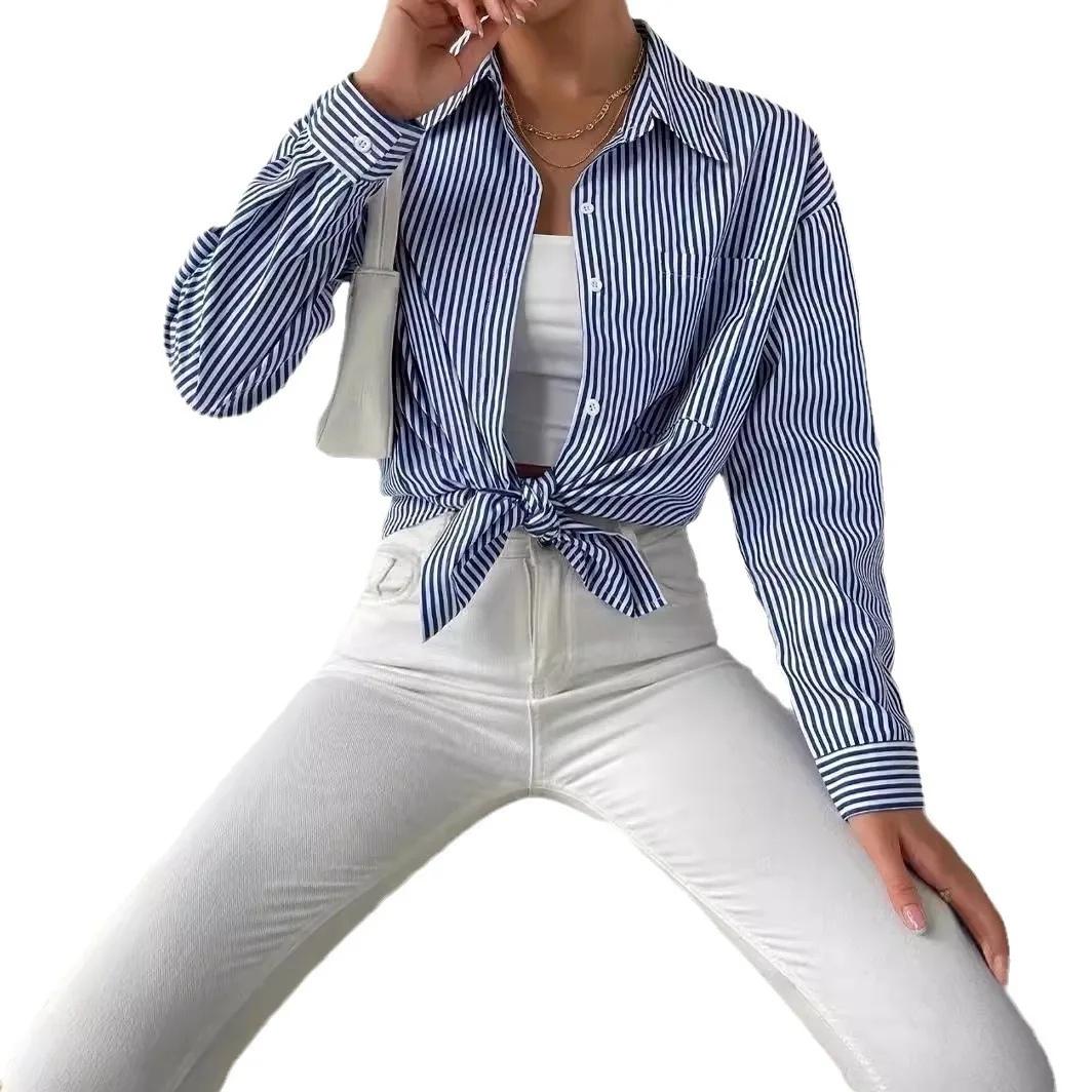 Koszula damska z guzikami, nieformalna moda, niebiesko-różowa bluzka, bluzki z długim rękawem i dekoltem w serek.