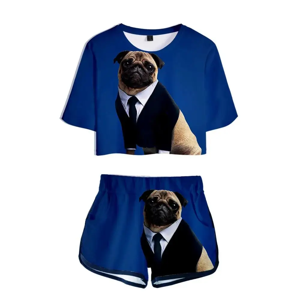 Summer 3D Pug Exposed Navel T-shirt+Shorts Women's Two-piece Sets Fashion Animal Dog Casual Girl's Yellow+White Two-piece Sets