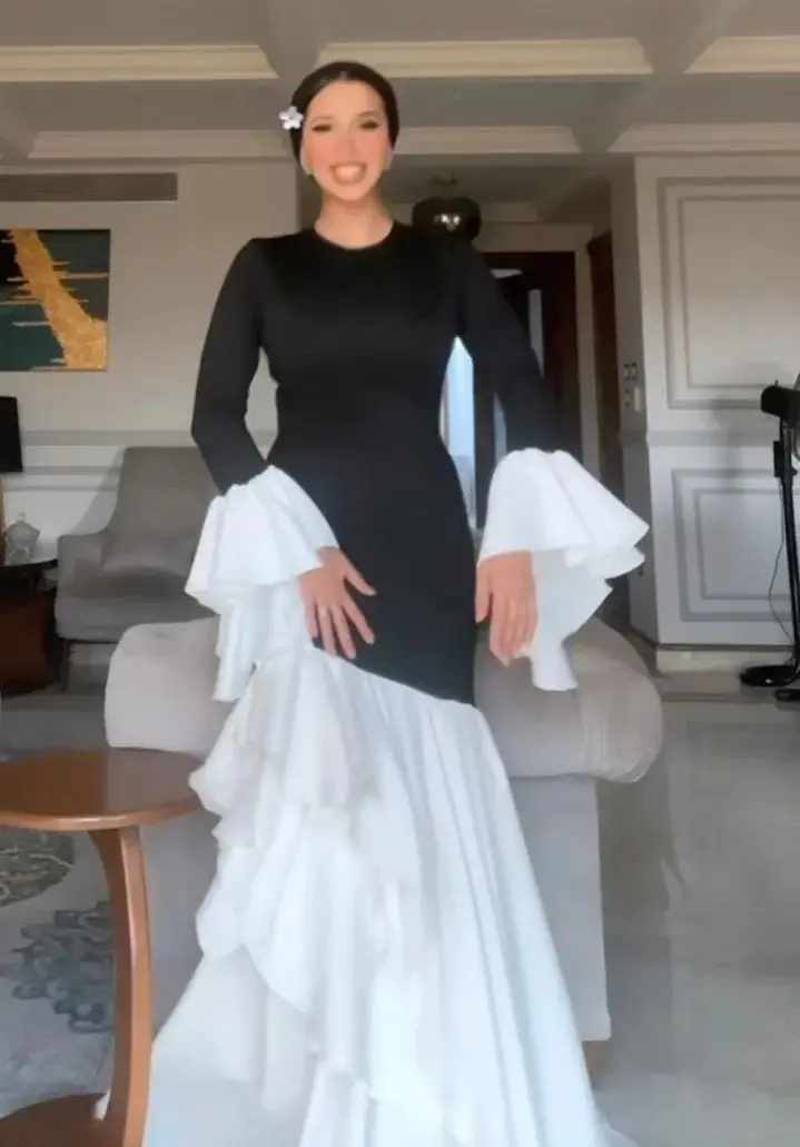 Adeli Elegant Black O-neck Prom Gown Women's White customized Long Sleeve Party Evening Dress Floor Length Formal Occasion Gowns image 6