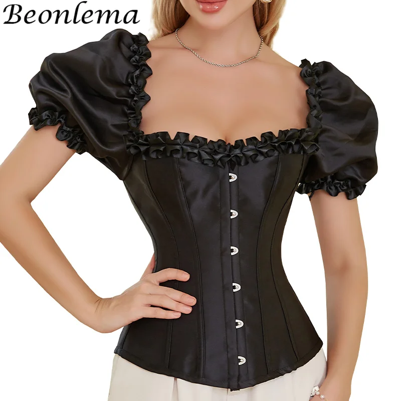 

Sweet And Cute Girl Black Overbust Corsets Waist Shaper Puff Sleeves Square Collar Reveals Neck Elegant Woman Gothic Clothes