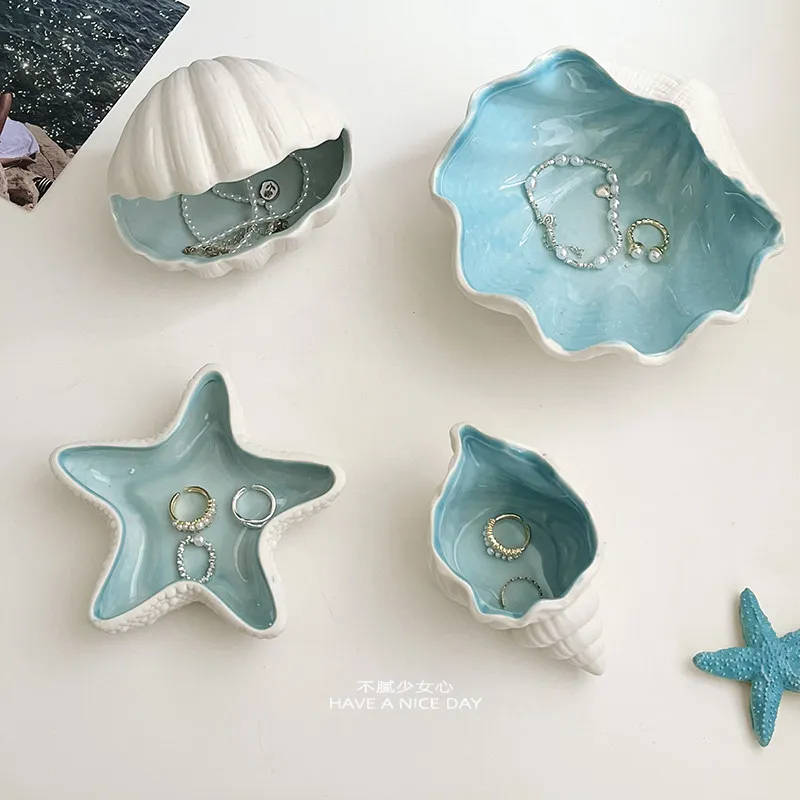 Ocean Seashell Starfish Ceramic Jewelry Tray, Coastal Style Ring Dish, Decorative Trinket Storage Plate for Home Decor Gift