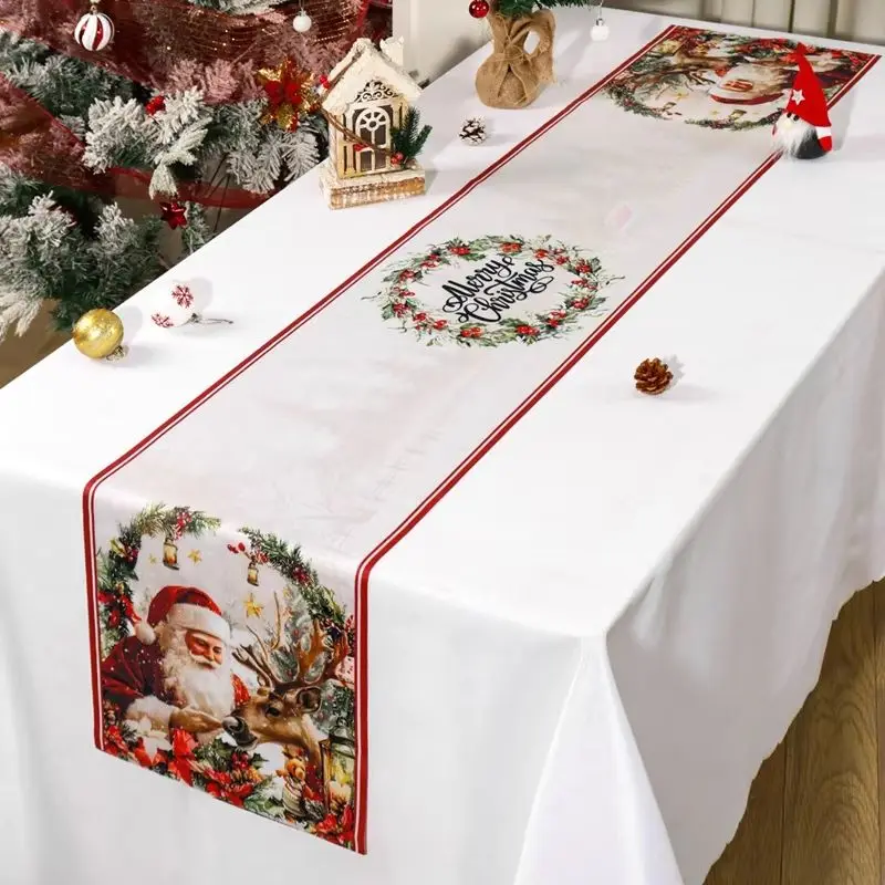 VIKAMA Merry Christmas Table Runner Snowman Xmas Tree Wreath Print Runner Holiday Kitchen Tabletop Party Decor