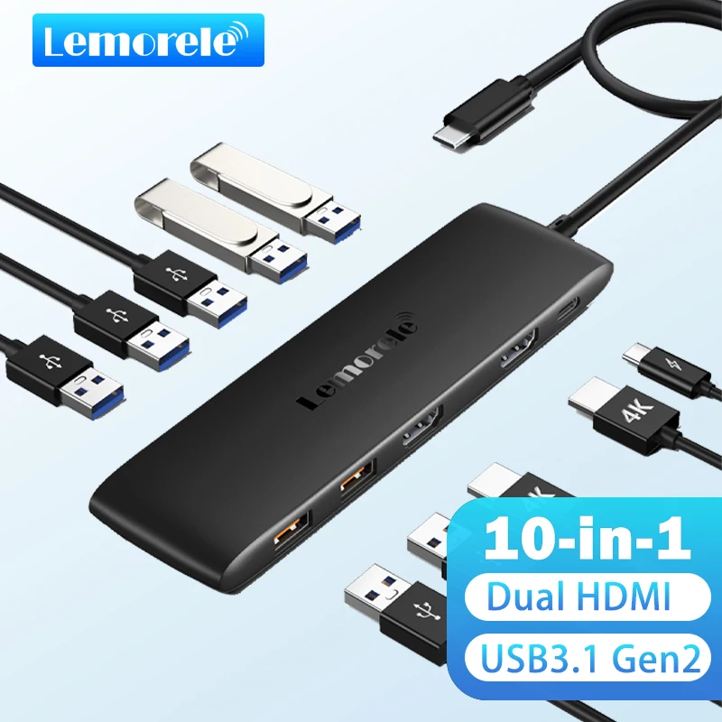 Lemorele 4K USB Hub USB C Docking Station Type C to Dual HDMI For Macbook iPad Pro Air M2 M1 Sumsang PC Accessories USB 3.1 HUB