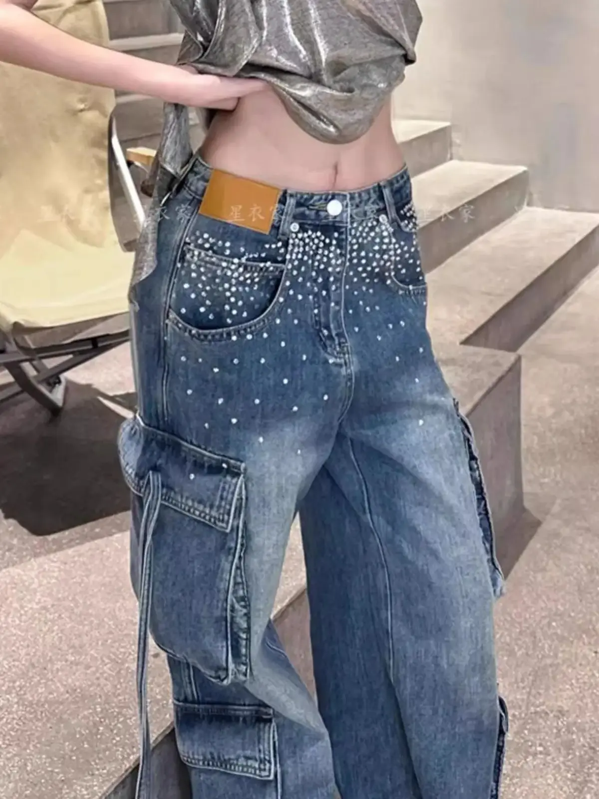 

Women's Blue Casual Cargo Baggy Pants Y2K American Harajuku Aesthetics High Street 2000S Loose Wide Leg Retro Pants Clothing New